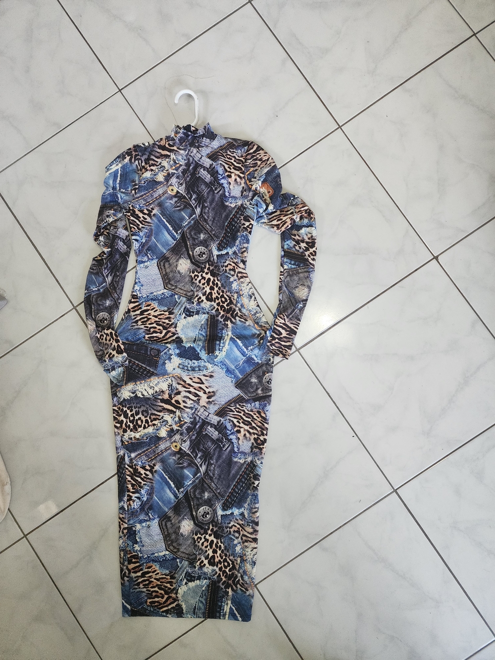 Women’s Long Sleeve Printed Midi Dress - Blue & Brown